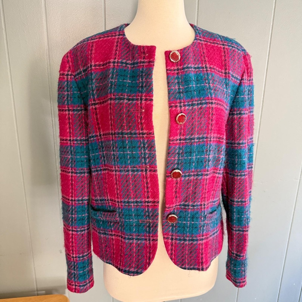 Pendleton Womens Vintage Plaid Wool Blazer Lady Jacket 14 Preppy USA Pink Teal